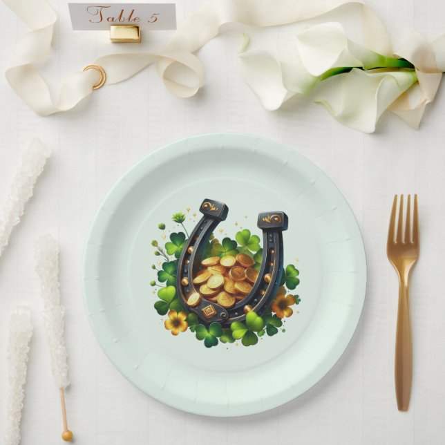 Lucky Horseshoe Gold Coins and Clover Paper Plate (Wedding)