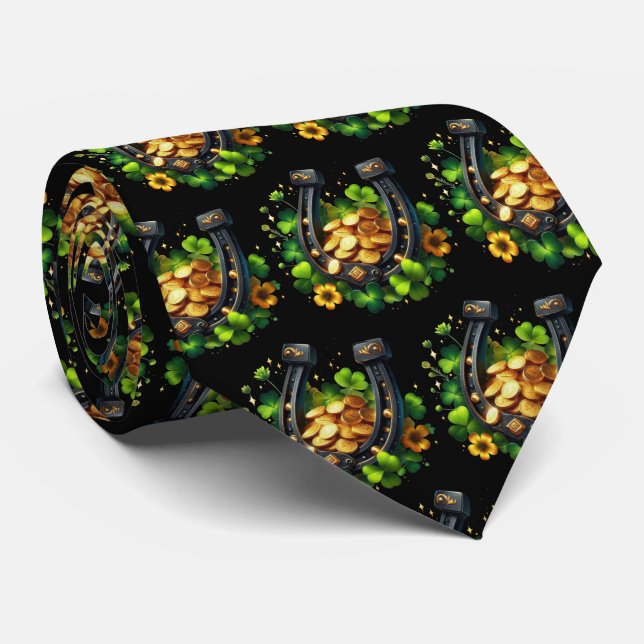 Lucky Horseshoe Gold Coins and Clover Pattern Tie (Rolled)