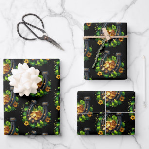 Lucky Horseshoe Gold Coins and Clover Pattern Wrapping Paper Sheet