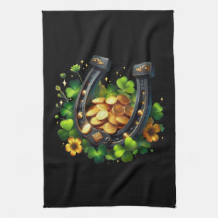 Lucky Horseshoe Gold Coins and Clover Tea Towel