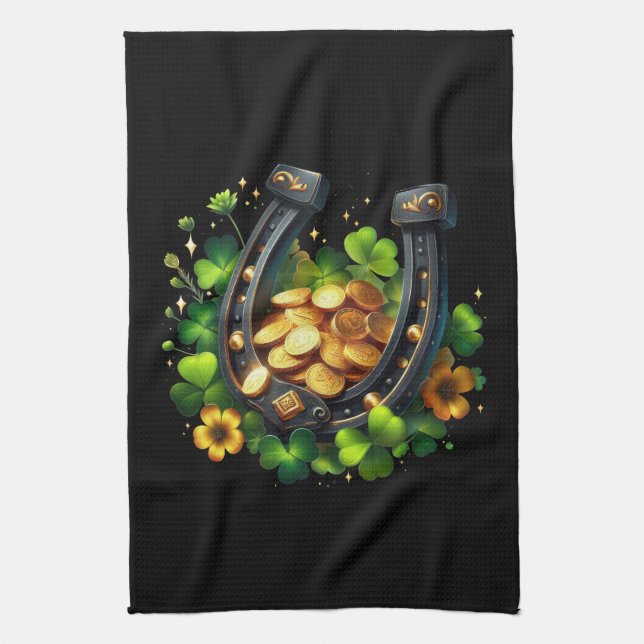 Lucky Horseshoe Gold Coins and Clover Tea Towel (Vertical)
