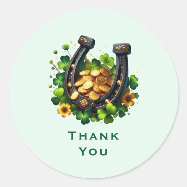 Lucky Horseshoe Gold Coins and Clover Thank You Classic Round Sticker (Front)