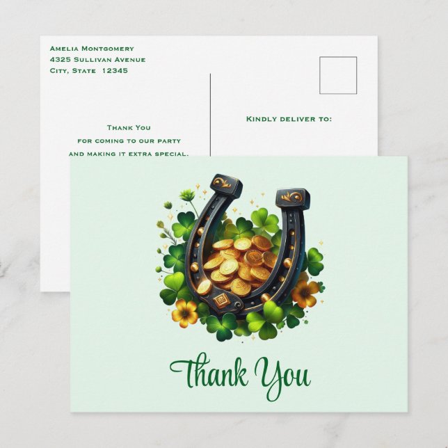 Lucky Horseshoe Gold Coins and Clover Thank You Postcard (Front/Back)