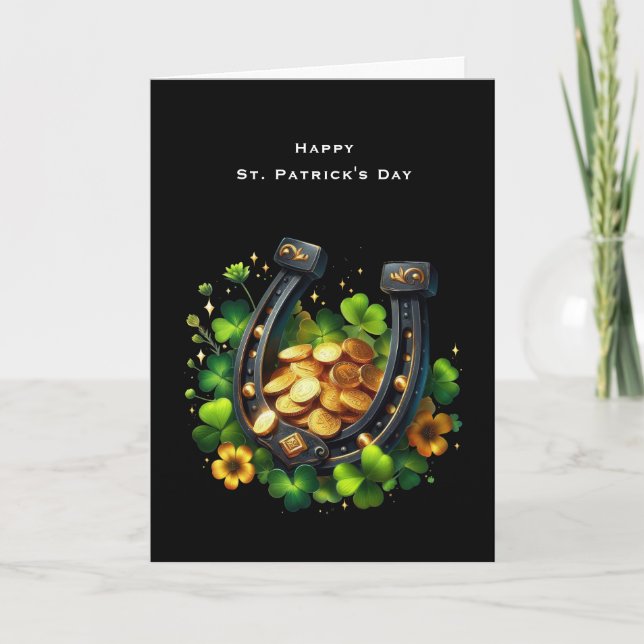 Lucky Horseshoe & Gold Coins  St. Patrick's Day Holiday Card (Front)