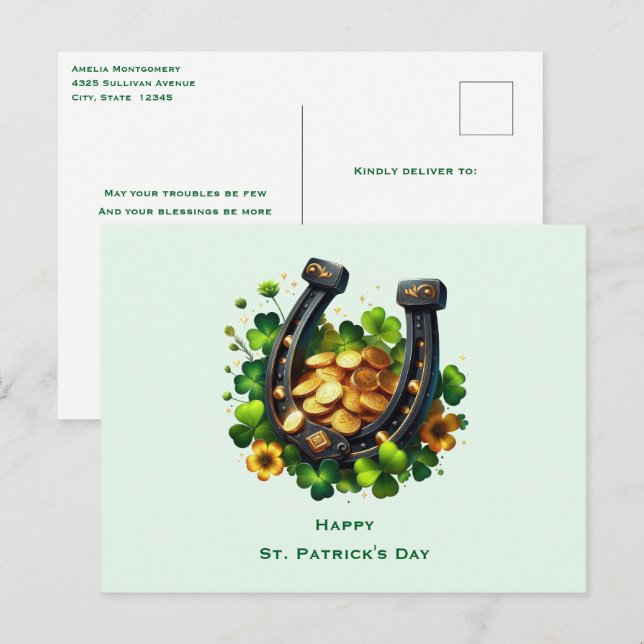 Lucky Horseshoe & Gold Coins St. Patrick's Day Holiday Postcard (Front/Back)