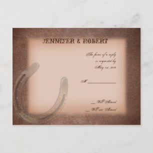 Lucky Horseshoe on Brown Leather RSVP Invitation Postcard