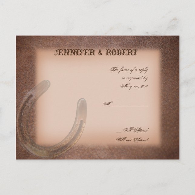 Lucky Horseshoe on Brown Leather RSVP Invitation Postcard (Front)