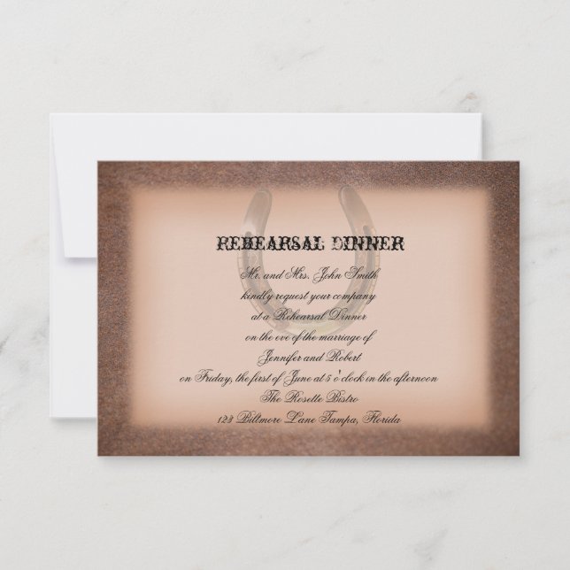 Lucky Horseshoe on Brown Leather Wedding Rehearsal Invitation (Front)