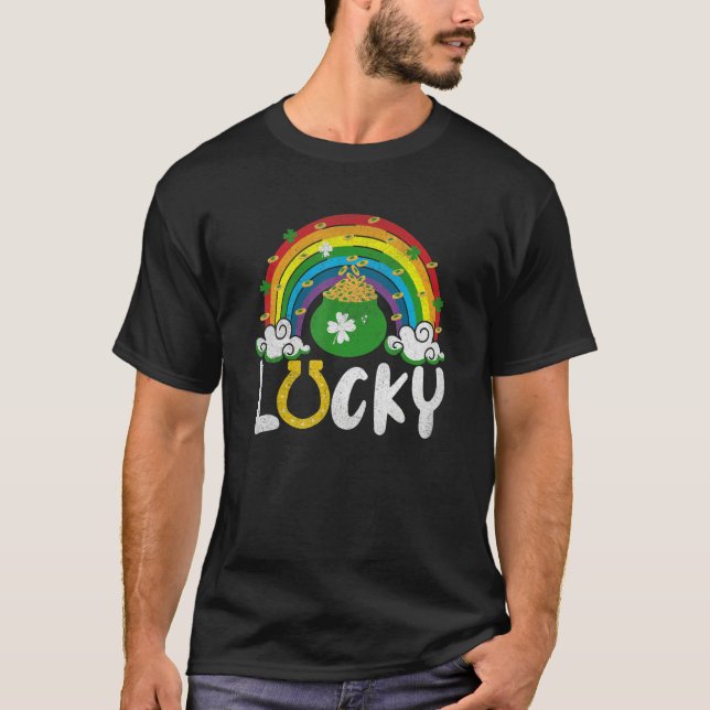 Lucky Horseshoe Rainbow Funny St. Patrick' Day T-Shirt (Front)