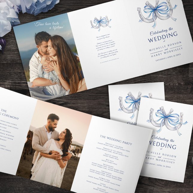 Lucky Horseshoe Wedding Program blue ribbon photo  Tri-Fold Programme (Creator Uploaded)