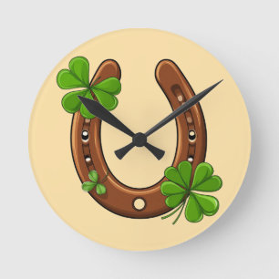 Lucky Horseshoe With Green Shamrocks Round Clock