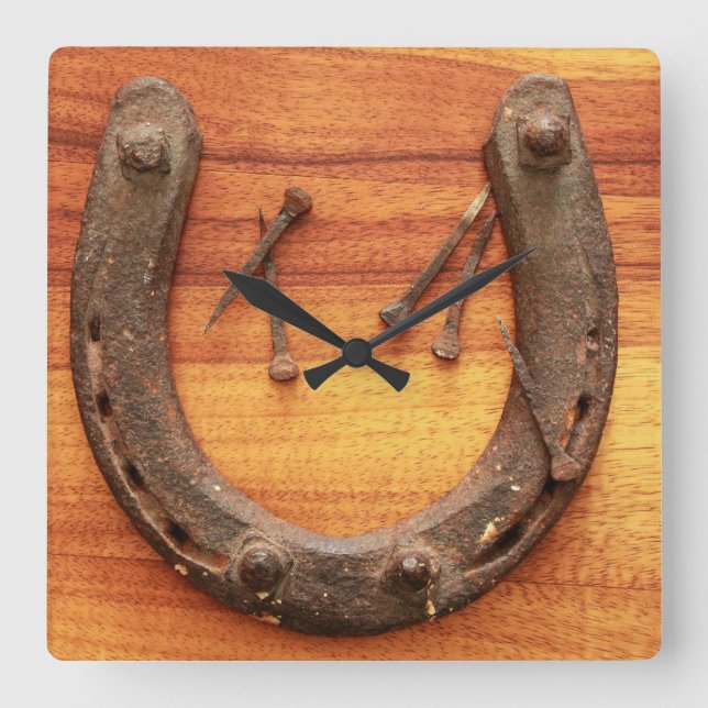 Lucky Horseshoe with Nails Square Wall Clock (Front)