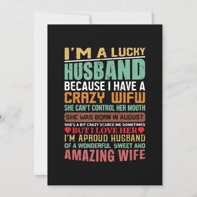 Lucky Husband Crazy Wife August Woman Birthday Holiday Card (Front)