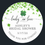 Lucky in Love 4 Leaf Clover Bridal Shower  Classic Round Sticker<br><div class="desc">Lucky in love bridal shower thank you sticker featuring a field of green clovers and a four leaf clover.</div>