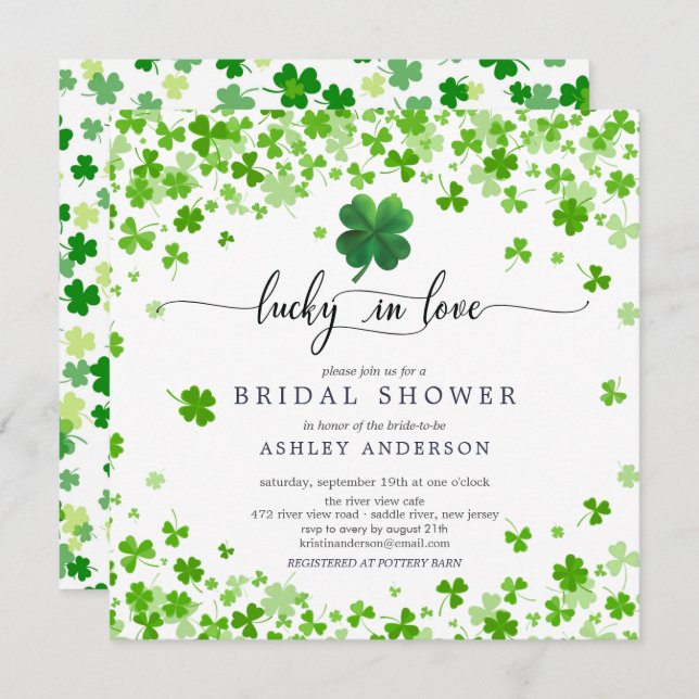 Lucky in Love 4 Leaf Clover Bridal Shower  Invitat Invitation (Front/Back)