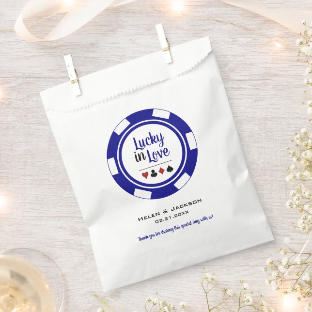 Lucky In Love Blue White Poker Chip Wedding Favour Favour Bags (Clipped)
