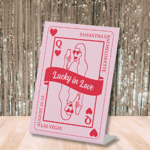 Lucky In Love Bold Pink & Red Bachelorette Pedestal Sign