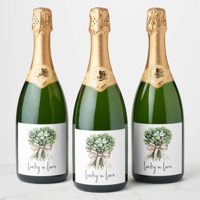 Lucky in Love Bridal Shower Clover Bouquet Sparkling Wine Label (Bottles)