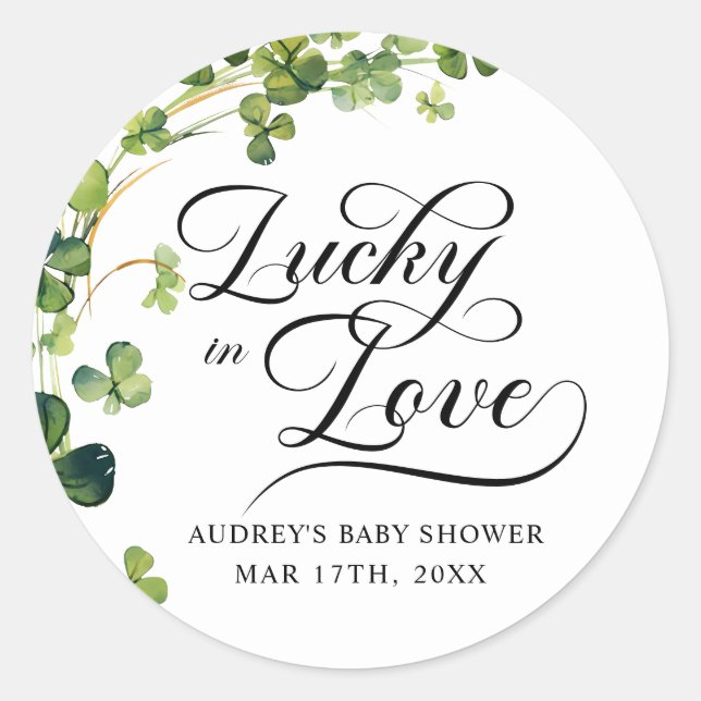 Lucky in Love Bridal Shower Green Shamrock  Classic Round Sticker (Front)