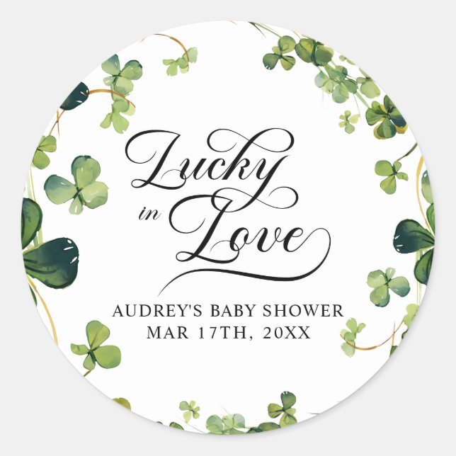 Lucky in Love Bridal Shower Green Shamrock  Classic Round Sticker (Front)