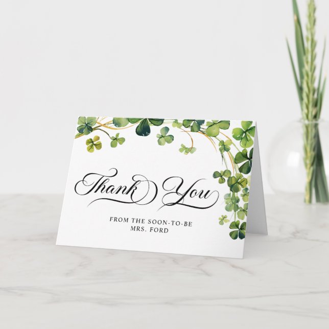 Lucky in Love Bridal Shower Green Shamrock  Thank You Card (Front)