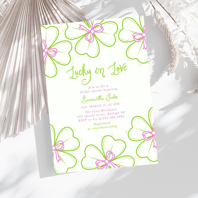 Lucky in Love Bridal Shower Pink Green Shamrock  Invitation (Creator Uploaded)