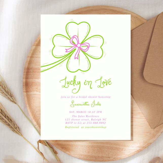 Lucky in Love Bridal Shower Pink Green Shamrock  Invitation (Creator Uploaded)