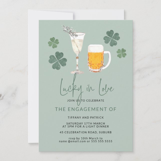 Lucky in Love Bubbles & Brews Engagement Invitation (Front)