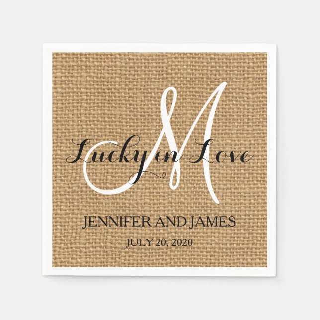 Lucky in Love Burlap Wedding Paper Napkins (Front)