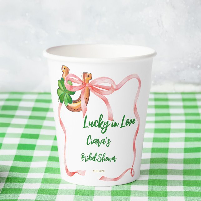 Lucky in love clover leaf bow ribbon bridal shower paper cups (Lucky in love clover leaf bow ribbon st Patrick day bridal shower personalized printed paper cups)