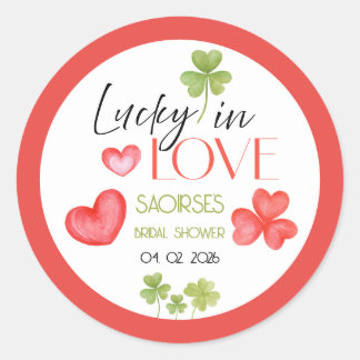 Lucky in Love Cover leaf & hearts : Bridal shower Classic Round Sticker