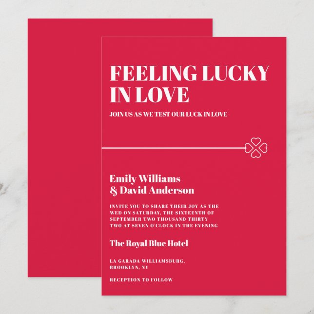 Lucky in Love Crimson Red Minimal Wedding Invitation (Front/Back)
