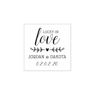 Lucky In Love   Custom Names & Date Wedding Wooden Rubber Stamp