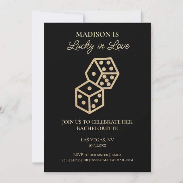 Lucky in Love Gold Dice Casino Bachelorette Party Invitation (Front)