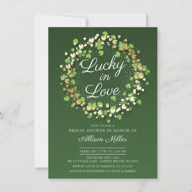 Lucky in Love Golden Shamrocks Bridal Shower Invitation (Front)