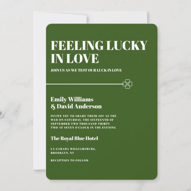 Lucky in Love Green Four Leaf Minimalist Wedding Invitation (Front)