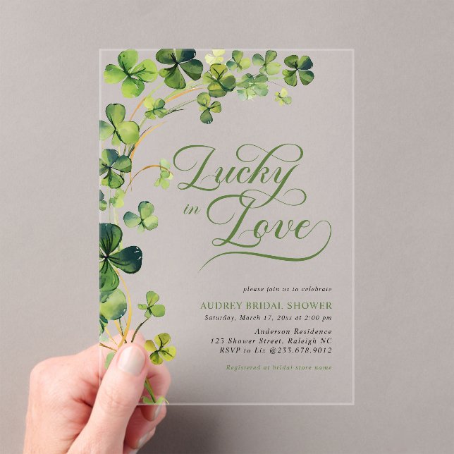 Lucky in Love Green Shamrock Bridal Shower Acrylic Invitations (Insitu (Handheld))