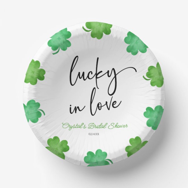 Lucky In Love Green Shamrock Clovers Bridal Shower Paper Plate (Front)