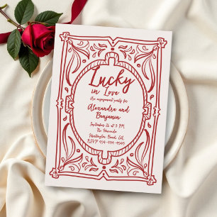 Lucky in Love Hand-Drawn Red Engagement Party Invitation