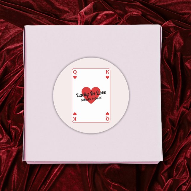 Lucky In Love Heart Playing Card Couples Shower Classic Round Sticker (Lucky In Love Heart Playing Card Couples Shower Classic Round Sticker)