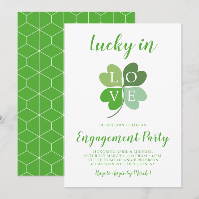 Lucky In Love Heart Shamrock Engagement Party Invitation (Front/Back)