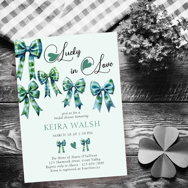 Lucky in Love Hearts and Bows Green Bridal Shower Invitation (Creator Uploaded)
