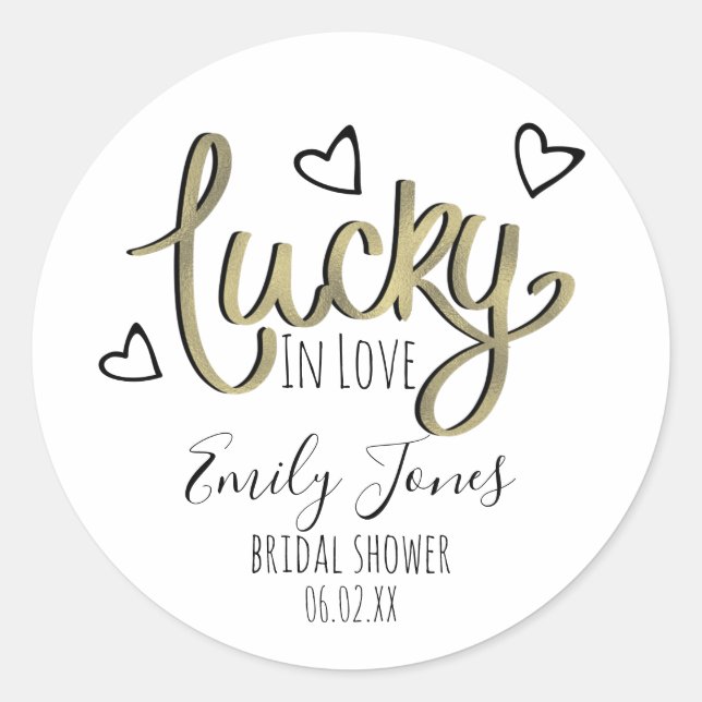 Lucky in Love Hearts Bridal Shower Classic Round Sticker (Front)