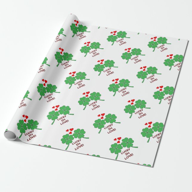 Lucky In Love Hearts Clover Wrapping Paper (Unrolled)