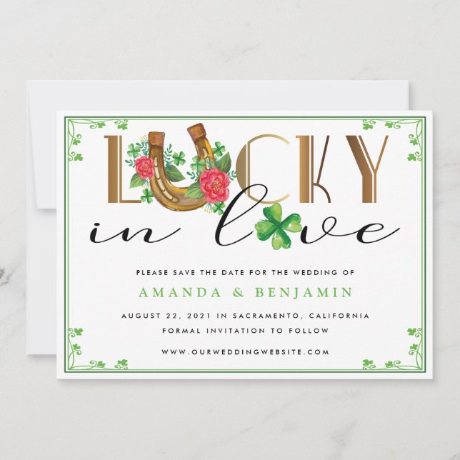 Lucky In Love Horseshoe and Shamrock Save The Date (Front)