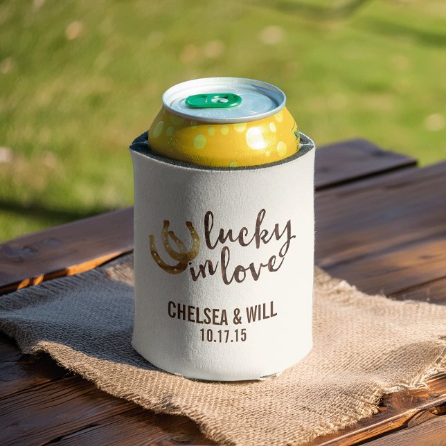Lucky in Love Horseshoe Personalised Wedding Favou Can Cooler (Creator Uploaded)