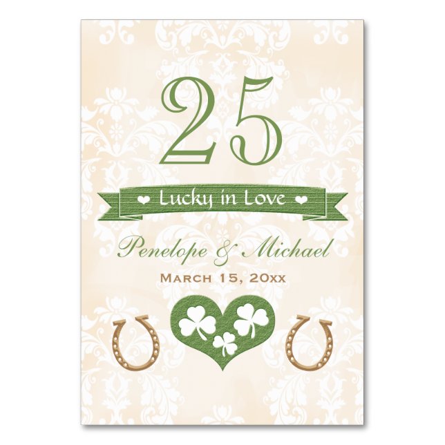 Lucky in Love Horseshoe Shamrock Wedding Number Table Number (Front)