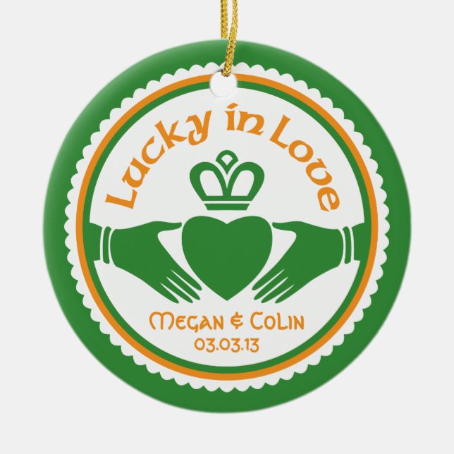 Lucky in Love Irish Claddagh Wedding Anniversary Ceramic Tree Decoration (Front)