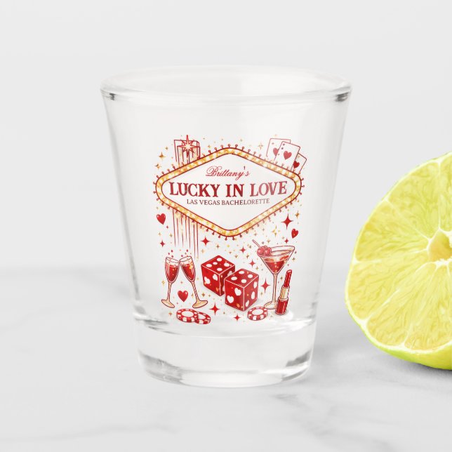 Lucky in Love Las Vegas Bachelorette Casino Party Shot Glass (Front)