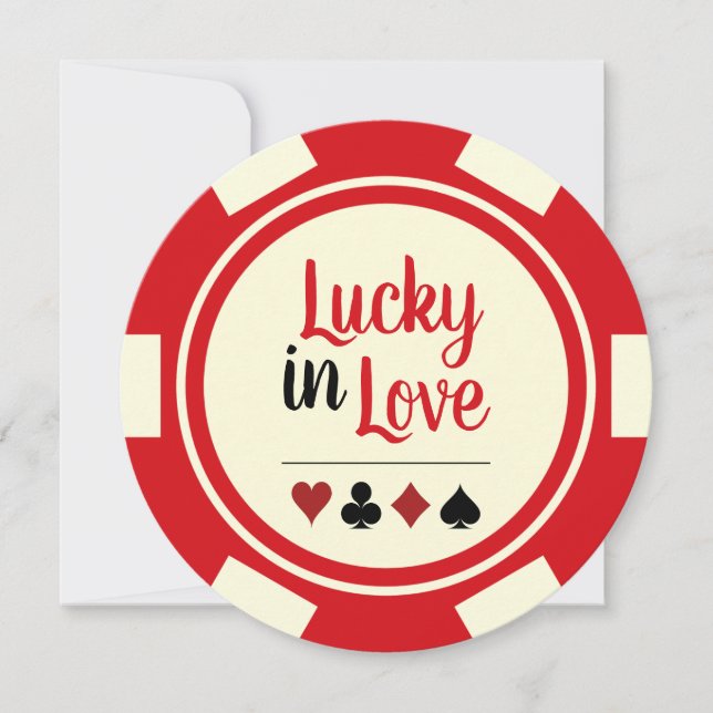 Lucky In Love Poker Chip Red Off-White Wedding Invitation (Front)